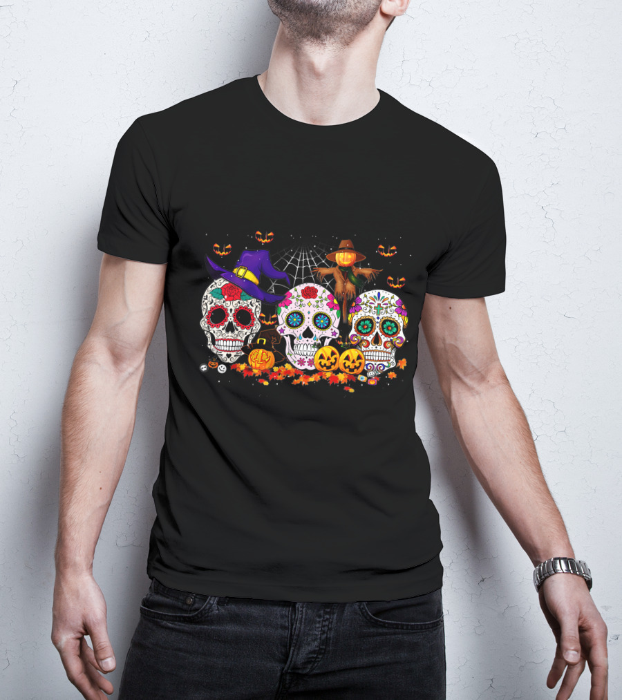 Sugar Skull Halloween Pumpkins And Scarecrow Scene T-Shirt
