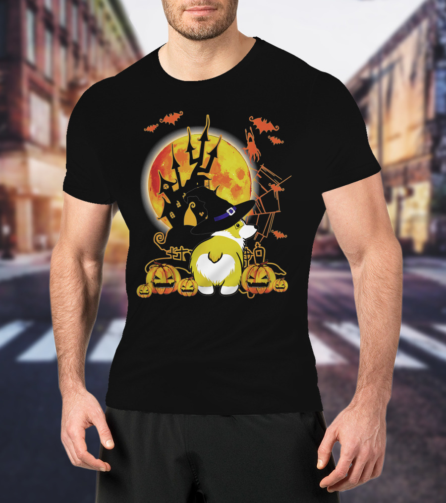 Corgi Dog Lovers Funny Dog Halloween Witch Moon Pumpkins Haunted House Bats T-Shirt