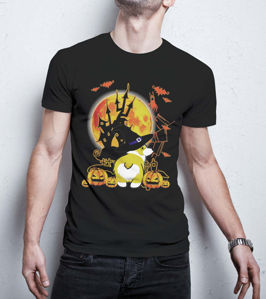 Corgi Dog Lovers Funny Dog Halloween Witch Moon Pumpkins Haunted House Bats T-Shirt