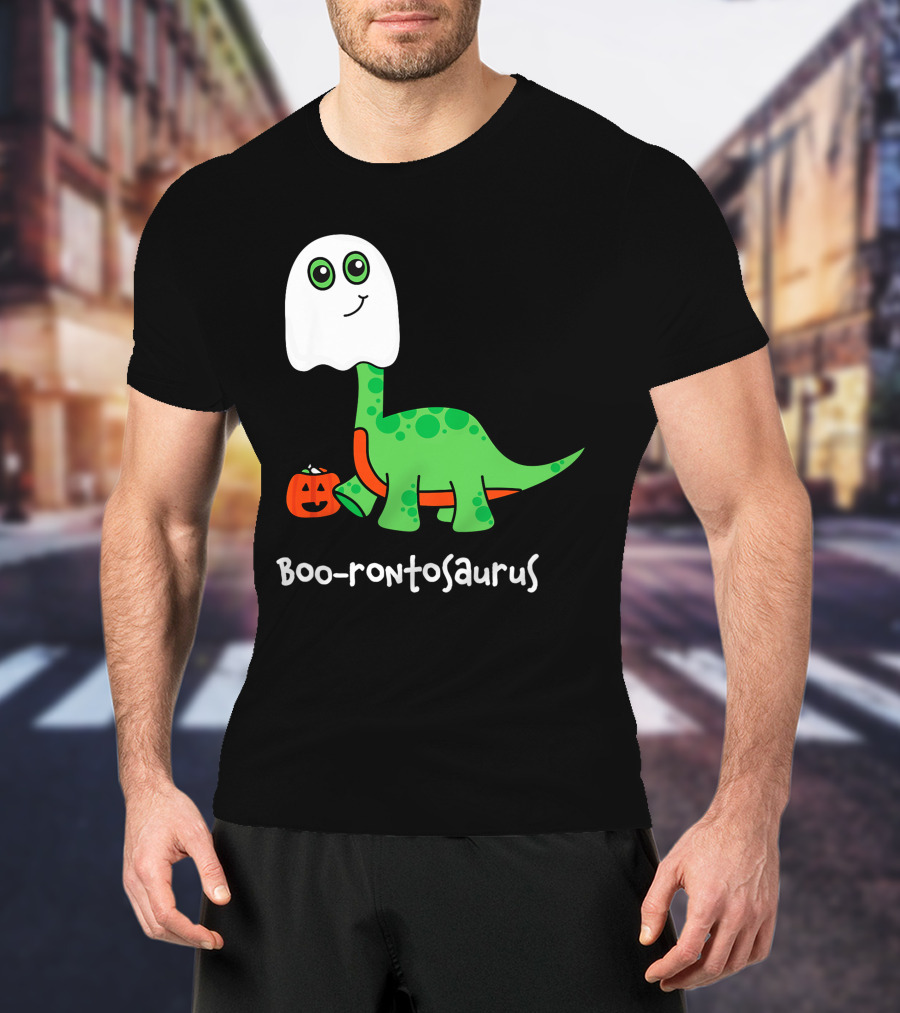 Boo-rontosaurus Ghost Dinosaur With Pumpkin Halloween Cute Funny Brontosaurus T-Shirt