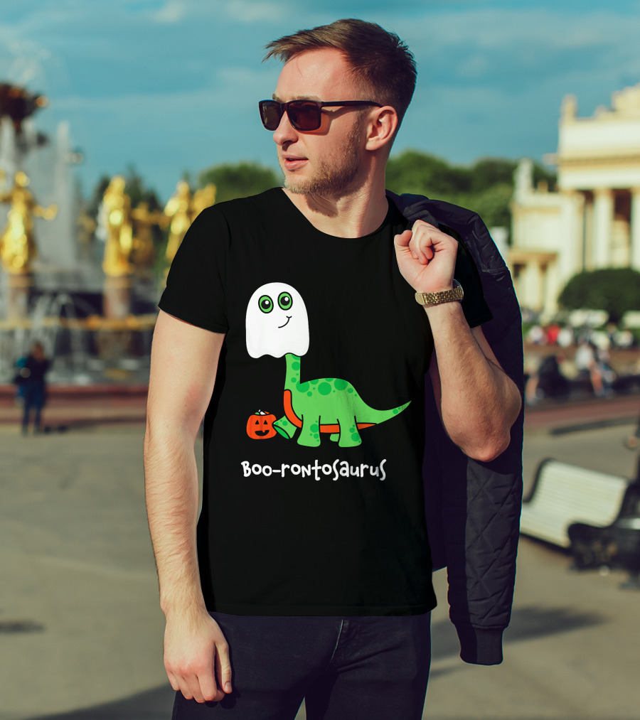 Boo-rontosaurus Ghost Dinosaur With Pumpkin Halloween Cute Funny Brontosaurus T-Shirt