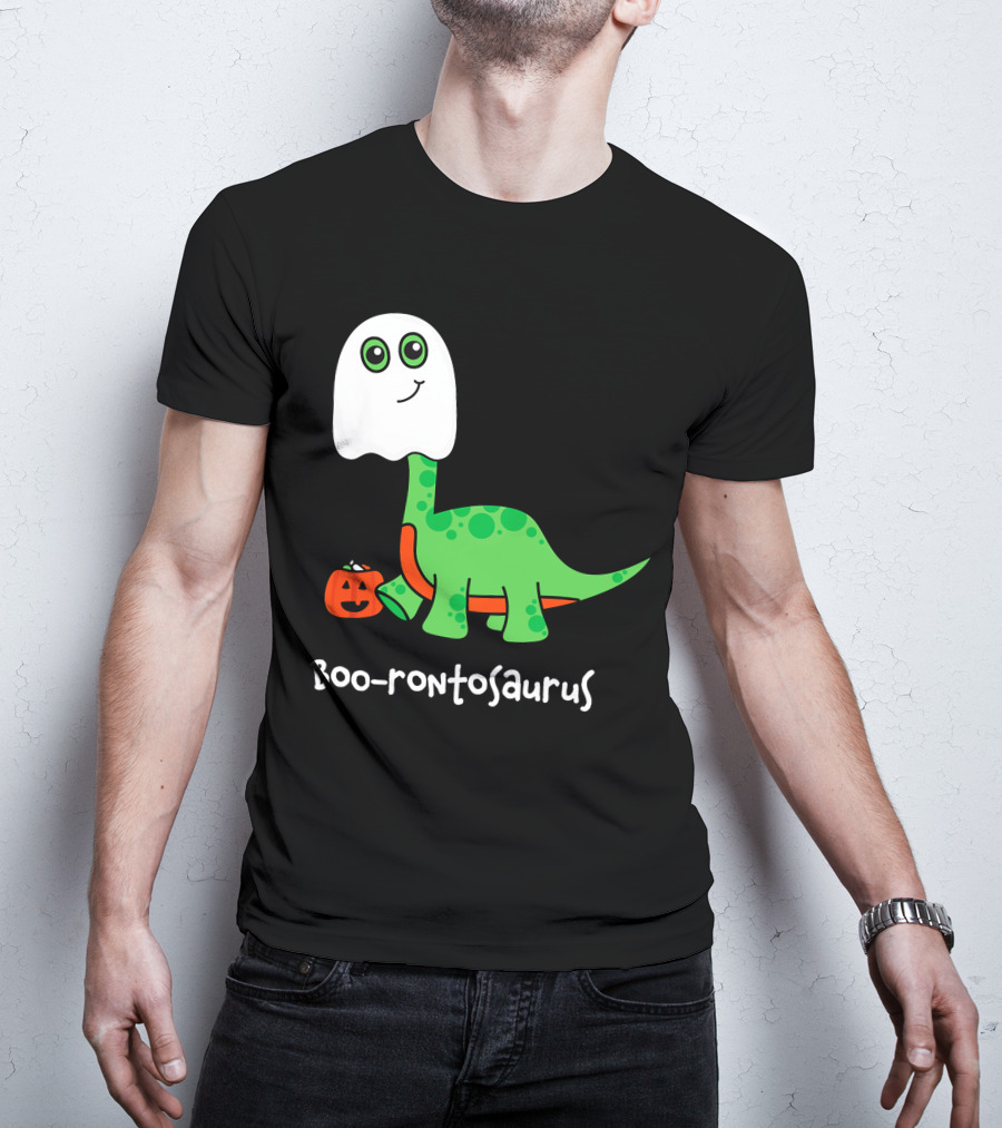 Boo-rontosaurus Ghost Dinosaur With Pumpkin Halloween Cute Funny Brontosaurus T-Shirt
