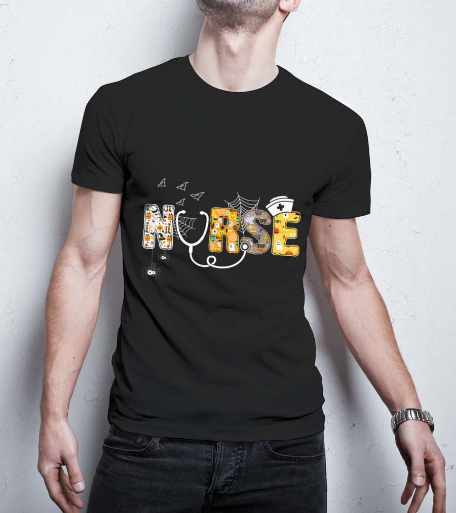 Nurse Halloween Boo Pumpkin Spider Witch Hat Bats Ghosts Cobwebs T-Shirt