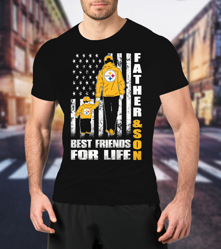 Father And Son Best Friends For Life Steelers Flag Background T-Shirt
