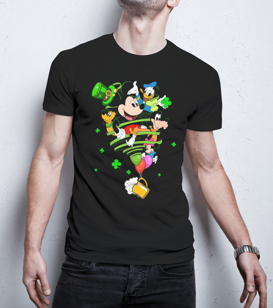 Mickey Mouse Donald Duck Goofy St. Patrick's Day Celebration With Shamrocks And Beer Mug T-Shirt