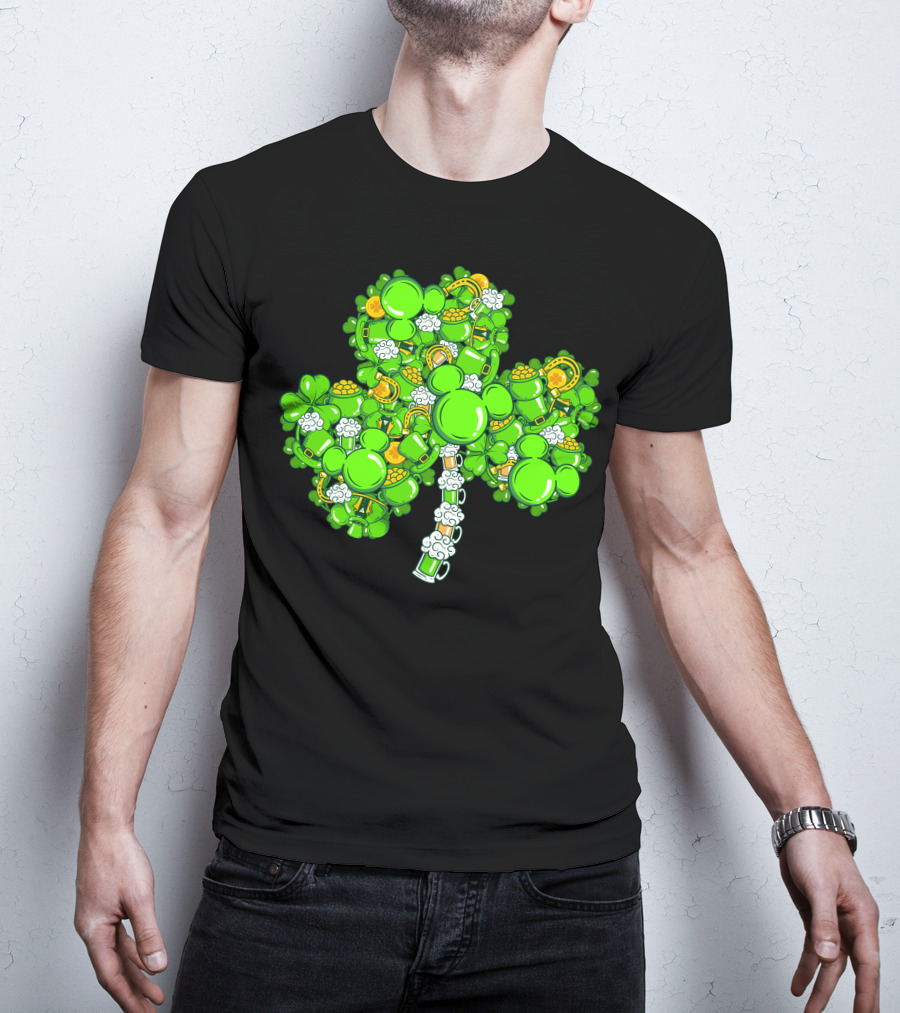 Shamrock Mickey Mouse St. Patrick's Day Beer Mugs And Gold Coins T-Shirt