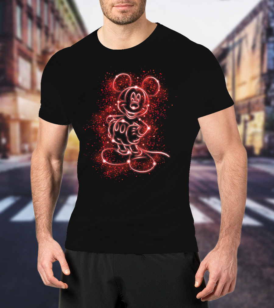 MK Light Neon Mickey Mouse Outline Red Sparkles T-Shirt