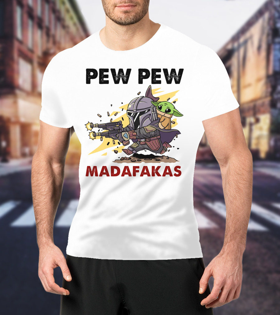 Pew Pew Madafakas Mandalorian Baby Yoda Gun Firing Scene T-Shirt