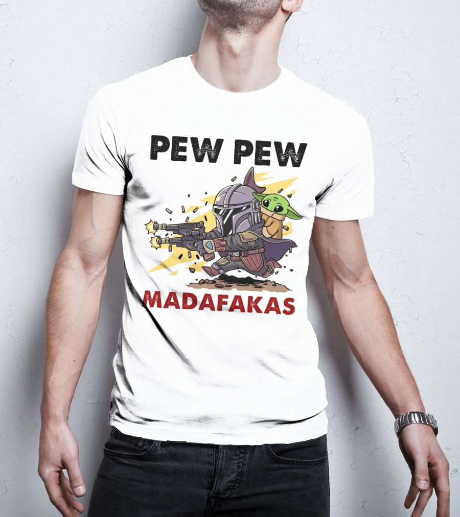 Pew Pew Madafakas Mandalorian Baby Yoda Gun Firing Scene T-Shirt