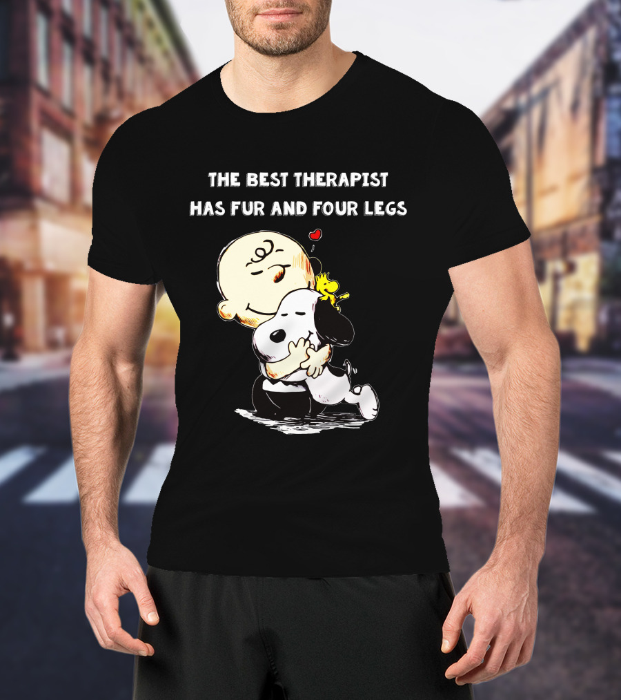 The Best Therapist Has Fur And Four Legs Charlie Brown Snoopy Woodstock Hug T-Shirt