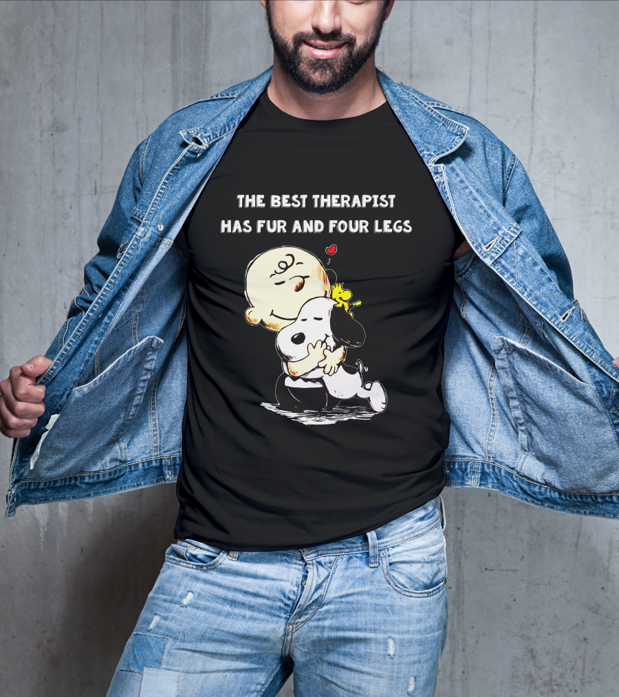 The Best Therapist Has Fur And Four Legs Charlie Brown Snoopy Woodstock Hug T-Shirt