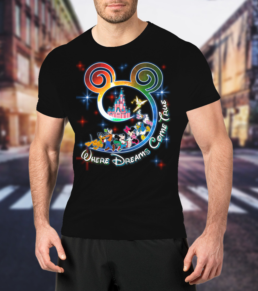 Where Dreams Come True Disney Castle Mickey Minnie Goofy Donald Pluto Tinkerbell T-Shirt