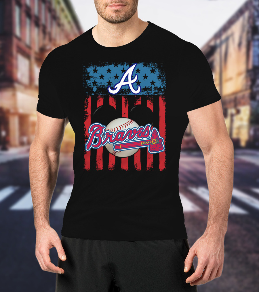 A Mickey Braves Iconic Baseball Stars And Stripes American Flag T-Shirt