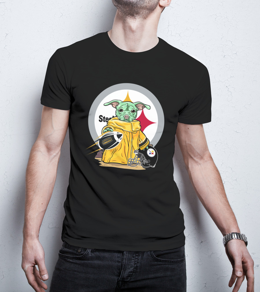 Pitbull Steelers Baby Holding Football With Steelers Logo And Helmet T-Shirt