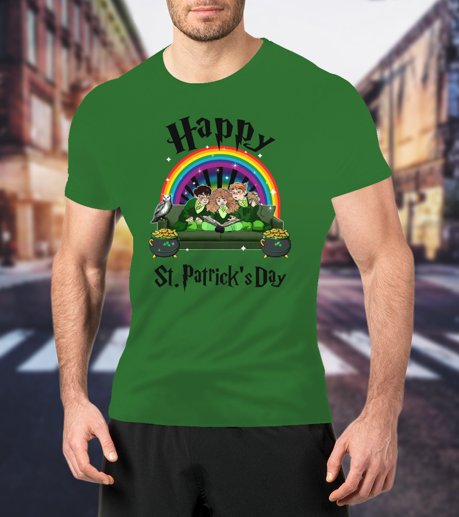 Happy St. Patrick's Day With Rainbow And Green Characters On Couch T-Shirt