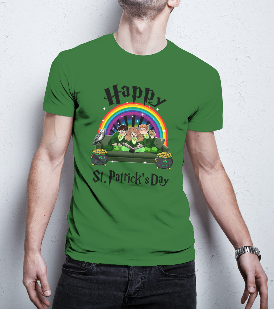 Happy St. Patrick's Day With Rainbow And Green Characters On Couch T-Shirt