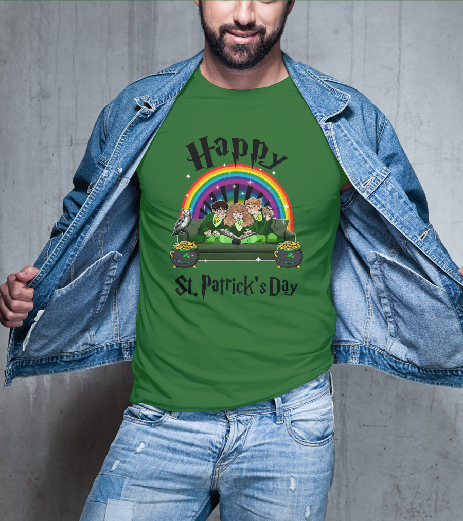 Happy St. Patrick's Day With Rainbow And Green Characters On Couch T-Shirt