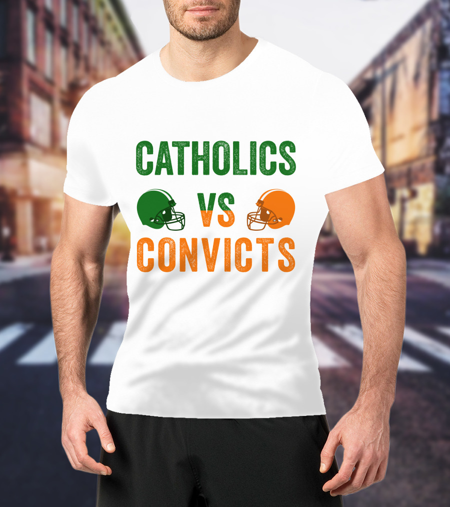 Catholics Vs. Convicts 1988 Football Helmets Rivalry T-Shirt