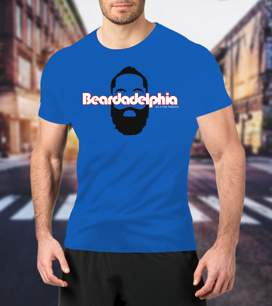 Beardadelphia 97.5 The Fanatic Silhouette Bold Text Blue Background T-Shirt