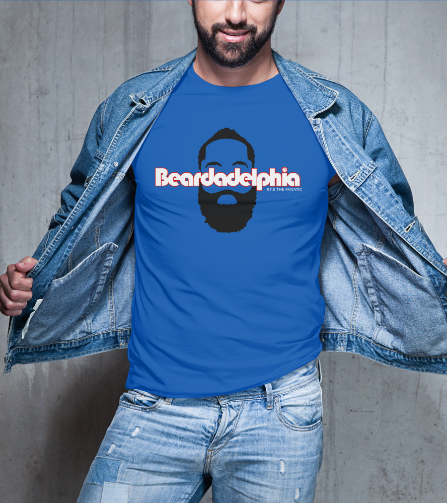 Beardadelphia 97.5 The Fanatic Silhouette Bold Text Blue Background T-Shirt