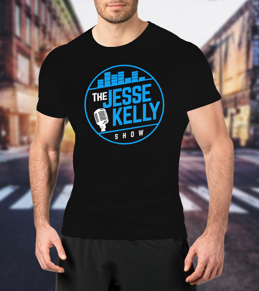 The Jesse Kelly Show Microphone Logo Design With Blue Text And Sound Bars T-Shirt