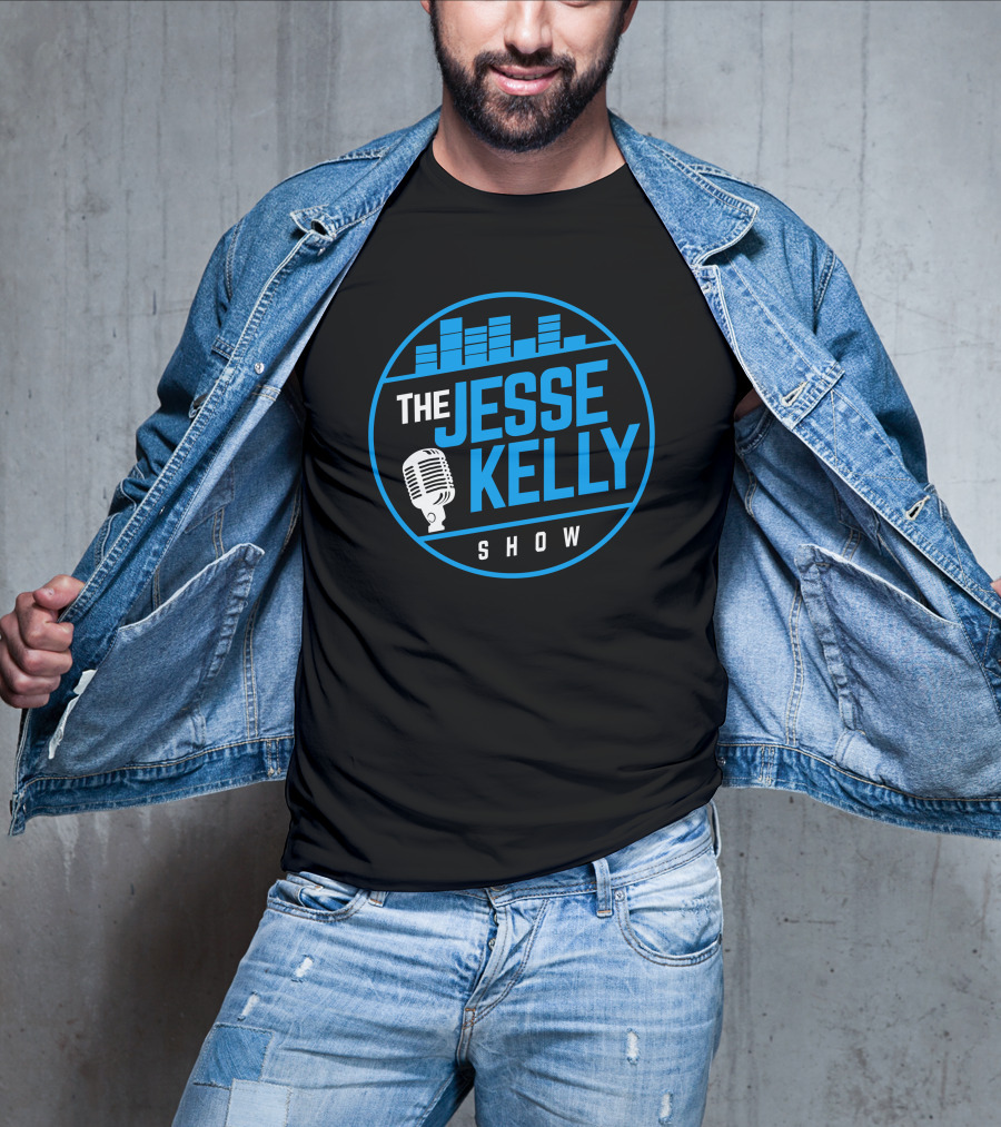 The Jesse Kelly Show Microphone Logo Design With Blue Text And Sound Bars T-Shirt