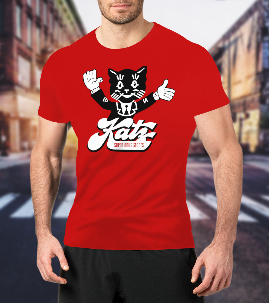 Katz Super Drug Stores Cat Mascot Smiling And Waving In Suit And Tie T-Shirt