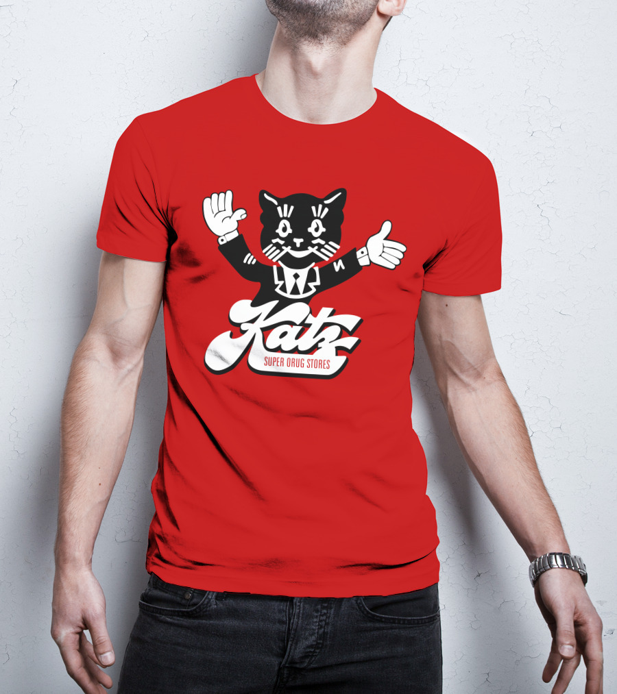 Katz Super Drug Stores Cat Mascot Smiling And Waving In Suit And Tie T-Shirt