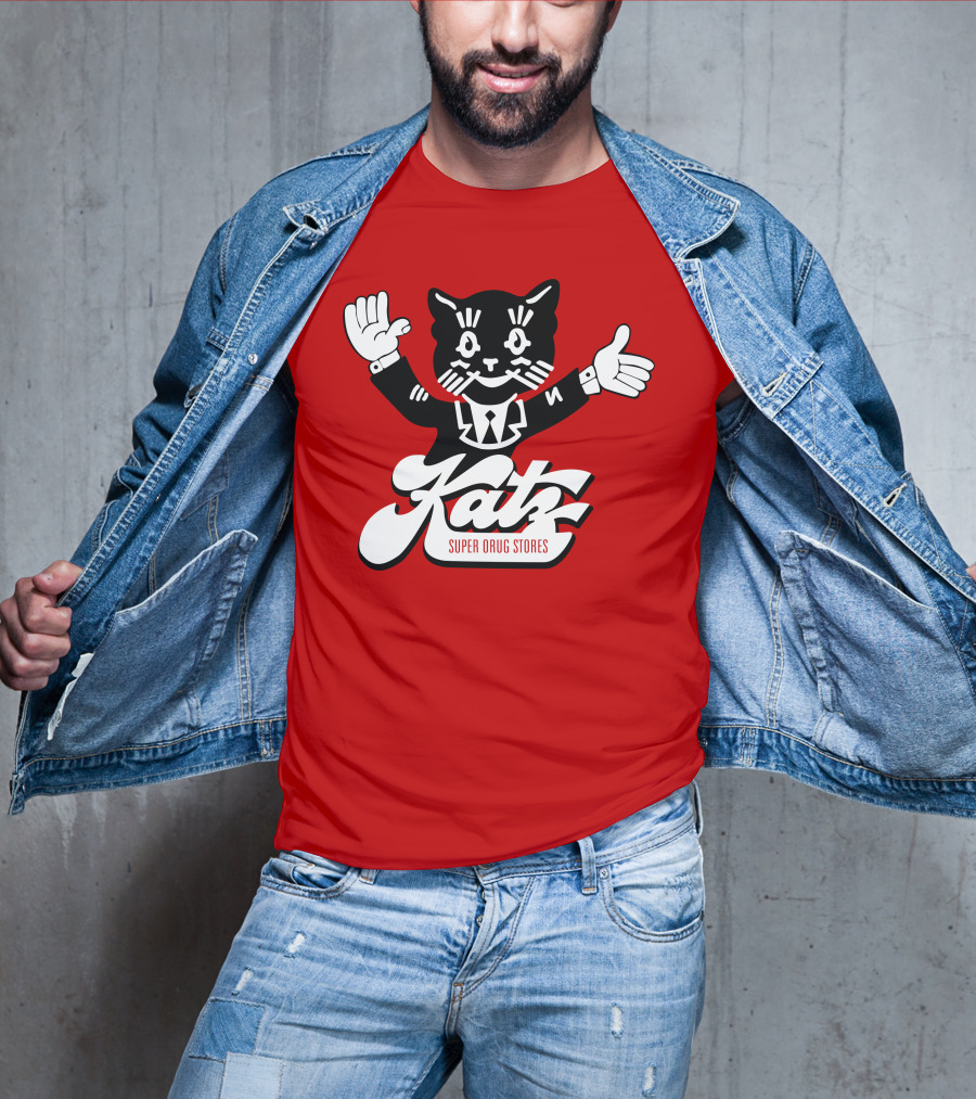 Katz Super Drug Stores Cat Mascot Smiling And Waving In Suit And Tie T-Shirt