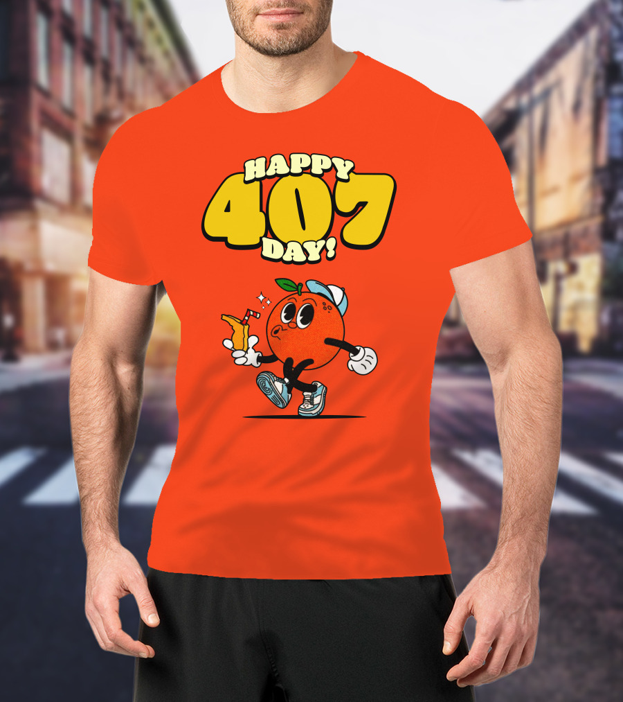 Happy 407 Day Orlando Orange Character With Drink And Sneakers T-Shirt