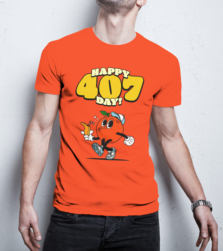 Happy 407 Day Orlando Orange Character With Drink And Sneakers T-Shirt