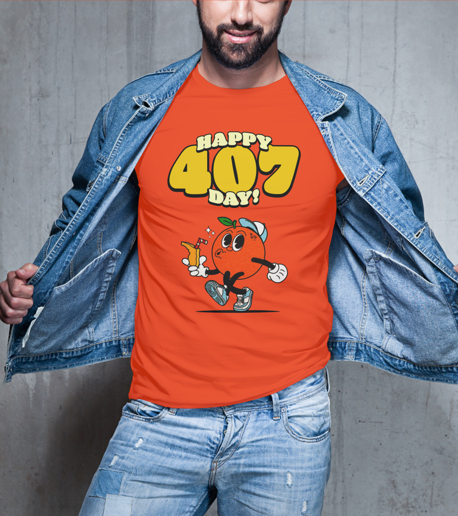 Happy 407 Day Orlando Orange Character With Drink And Sneakers T-Shirt