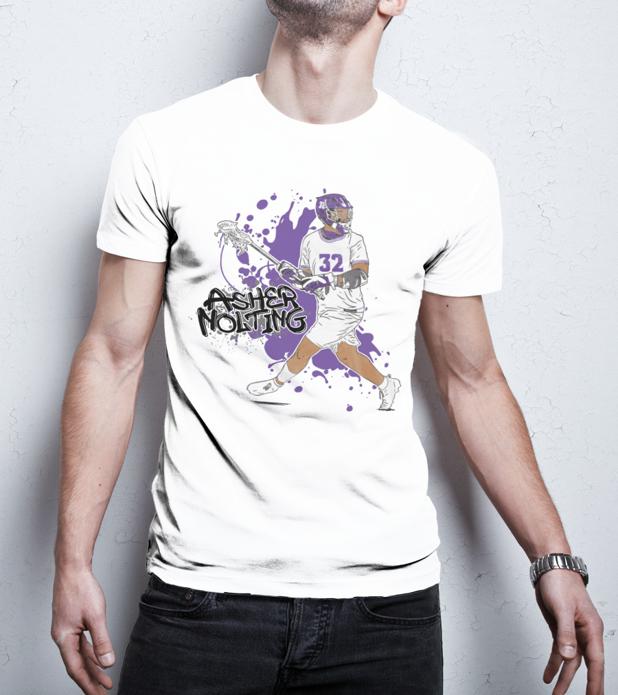 Asher Nolting 32 Lacrosse Player Purple Splatter T-Shirt