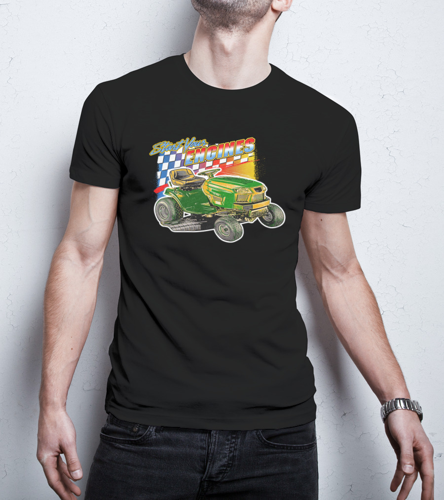 Start Your Engines Lawn Mower Racing With Checkered Flag T-Shirt