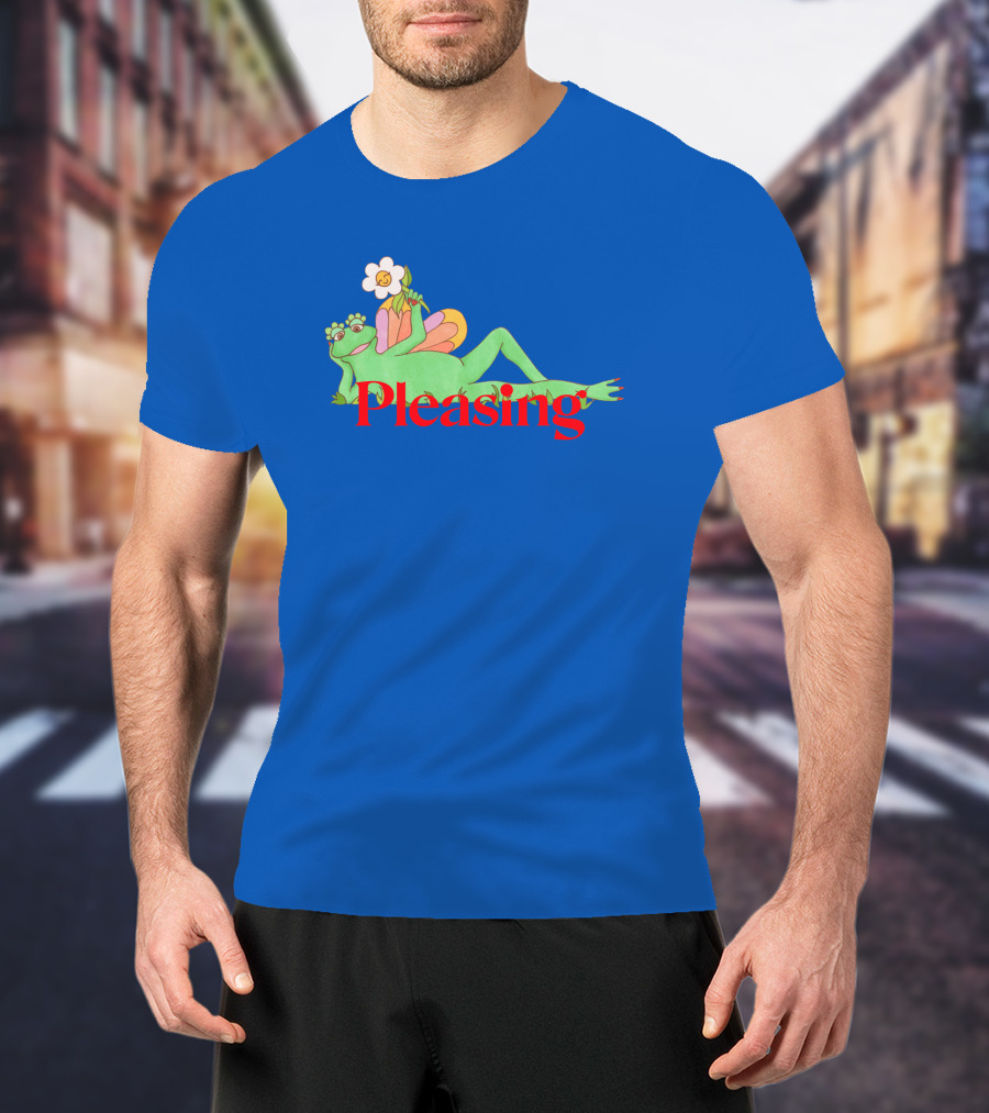 Pleasing Frog With Flower On Sky Blue Crewneck T-Shirt
