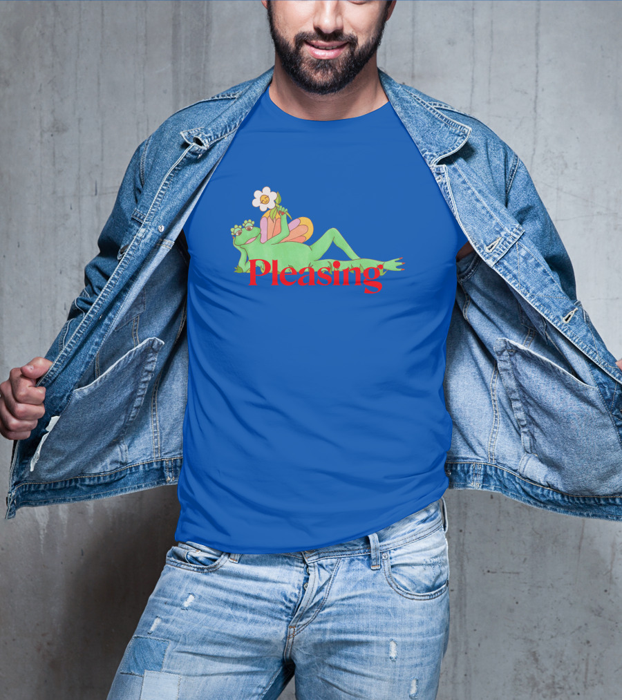 Pleasing Frog With Flower On Sky Blue Crewneck T-Shirt