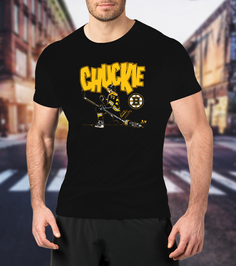 Boston Bruins Charlie McAvoy Chuckie Kneeling Pose With Hockey Stick T-Shirt