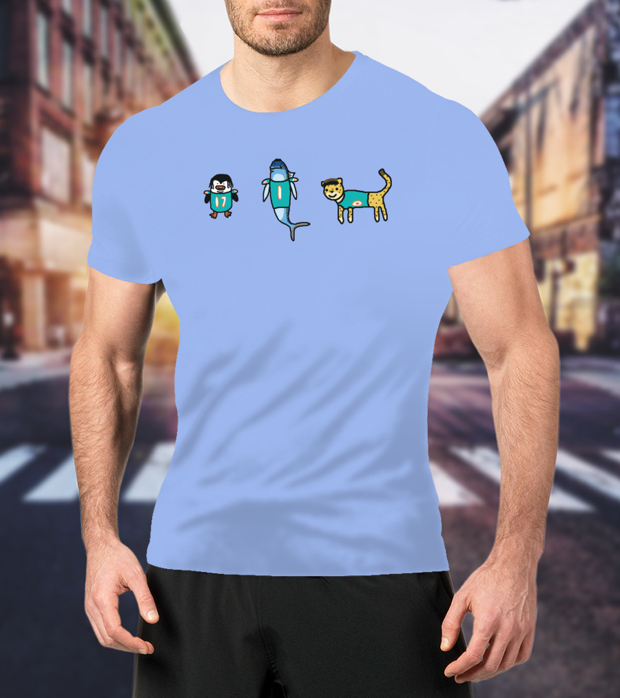 Waddle 17 Miami Dolphins Penguin Shark Cheetah Quirky Football Mascots T-Shirt