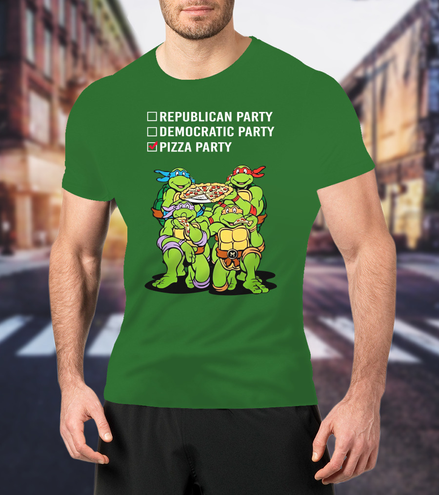 Pizza Party Checkmark With Four Ninja Turtles Carrying Pizza Under Republican Party Democratic Party Options T-Shirt