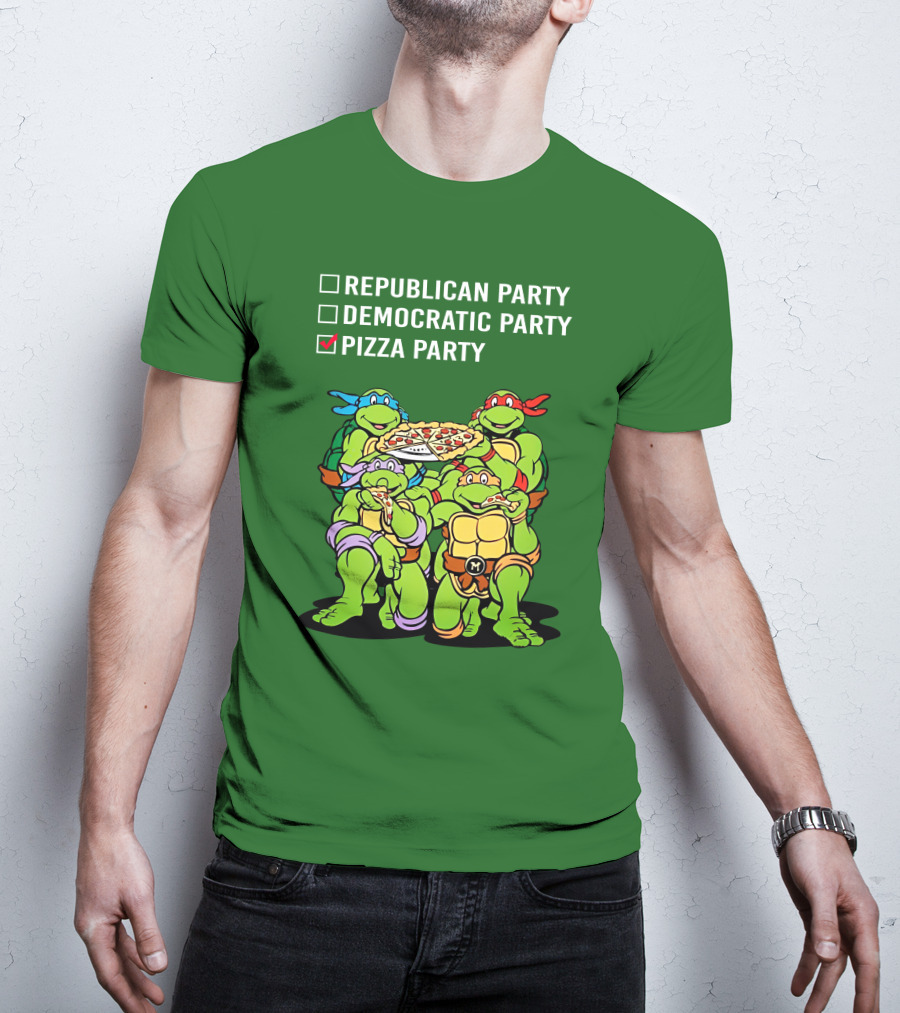 Pizza Party Checkmark With Four Ninja Turtles Carrying Pizza Under Republican Party Democratic Party Options T-Shirt