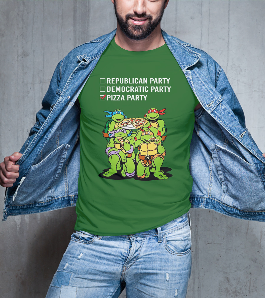 Pizza Party Checkmark With Four Ninja Turtles Carrying Pizza Under Republican Party Democratic Party Options T-Shirt