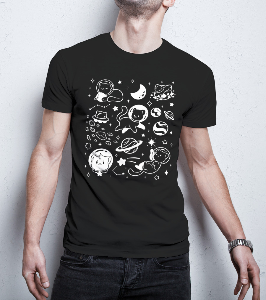 Helloapparel Space Cat Astronauts With Planets And Stars T-Shirt