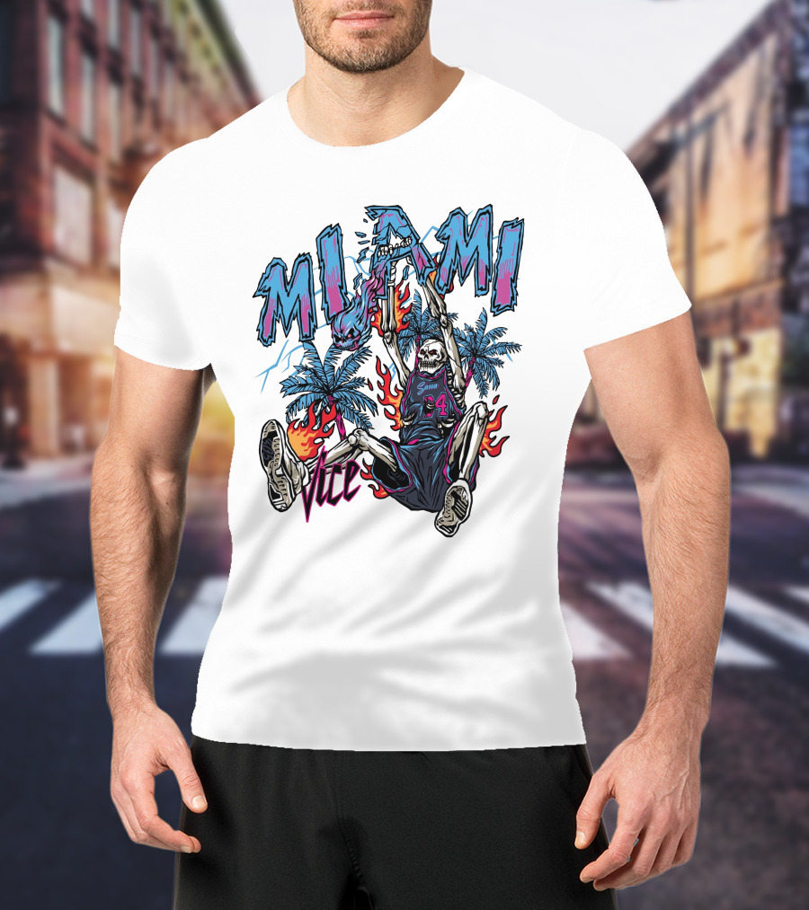 Sana Detroit Vice Miami Basketball Skeleton Dunking With Palm Trees And Flames T-Shirt