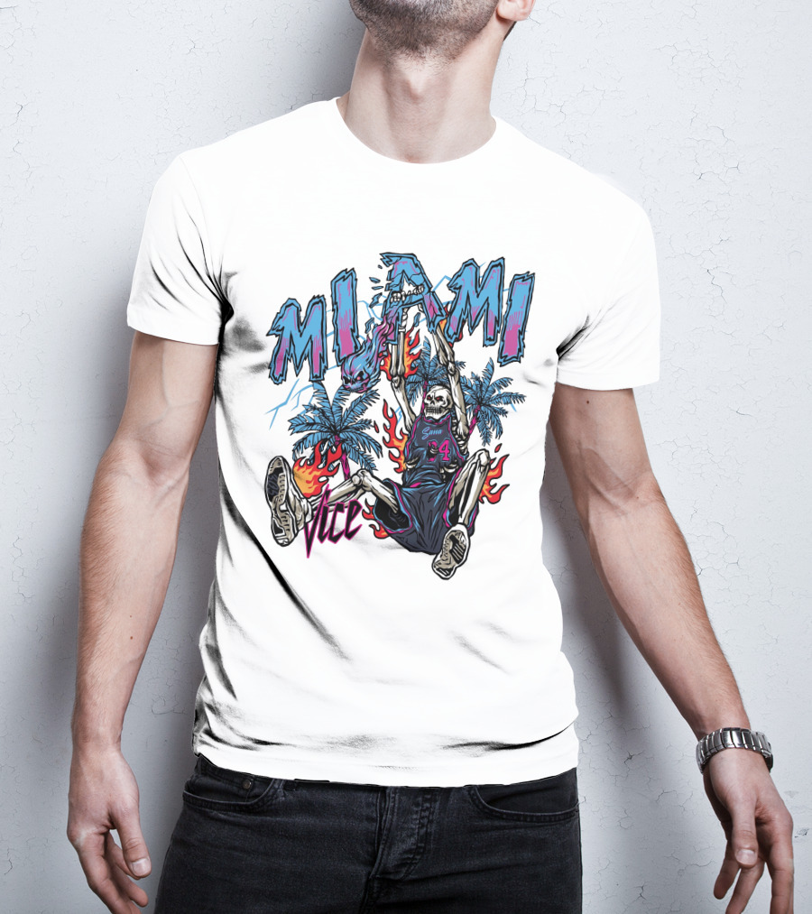 Sana Detroit Vice Miami Basketball Skeleton Dunking With Palm Trees And Flames T-Shirt