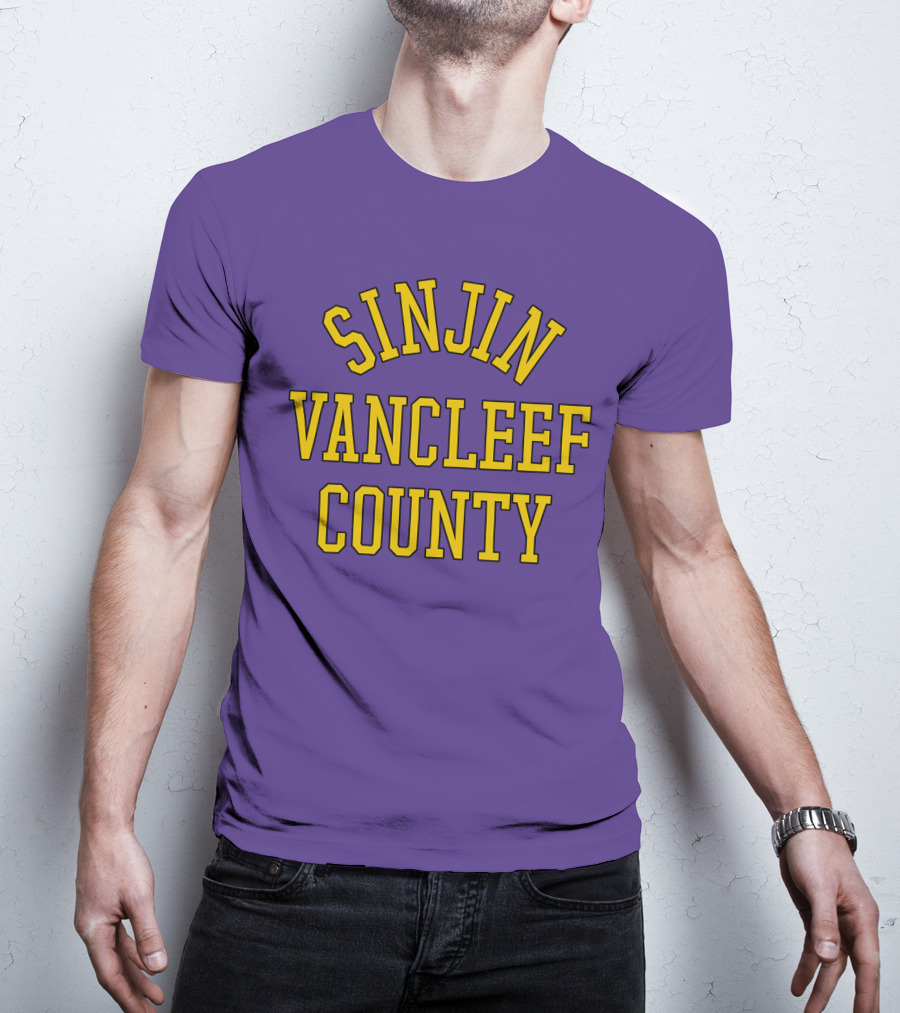 Sinjin Drowning Merch Sinjin Vancleef County Arch Style Purple Gold Lettering T-Shirt