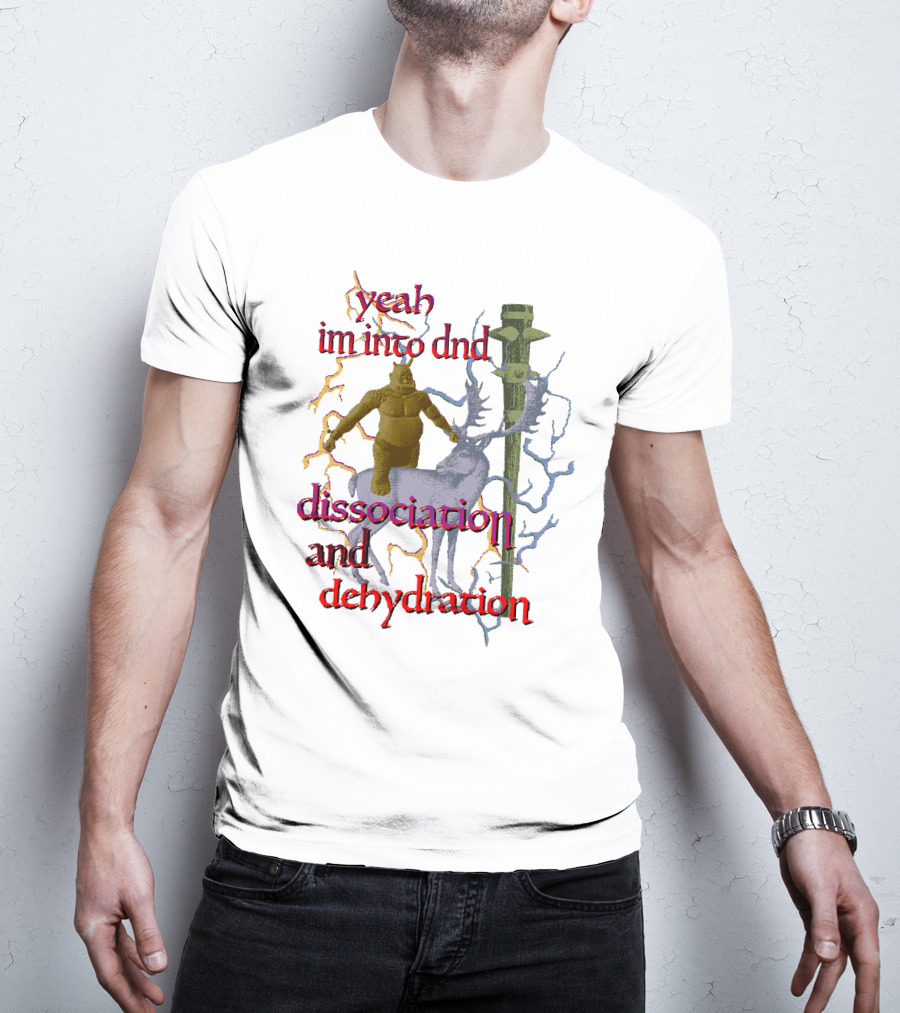 Yeah Im Into Dnd Dissociation And Dehydration Statue Riding Reindeer With Caduceus Staff And Lightning Background T-Shirt