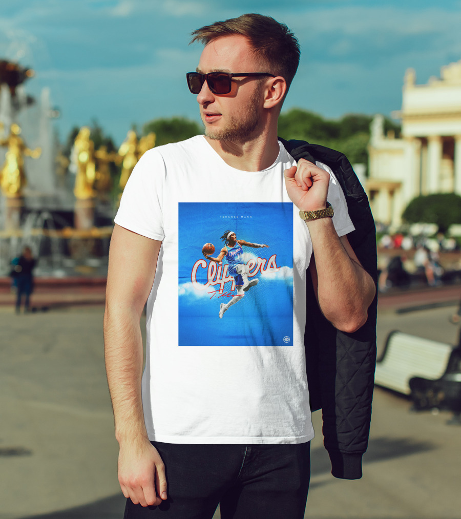 Terance Mann Clippers Basketball Motion Dribble Blue Clouds T-Shirt