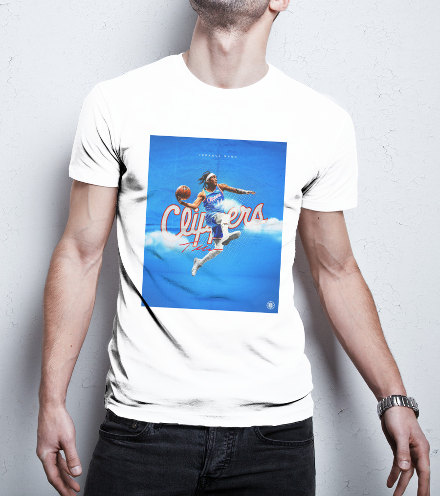 Terance Mann Clippers Basketball Motion Dribble Blue Clouds T-Shirt