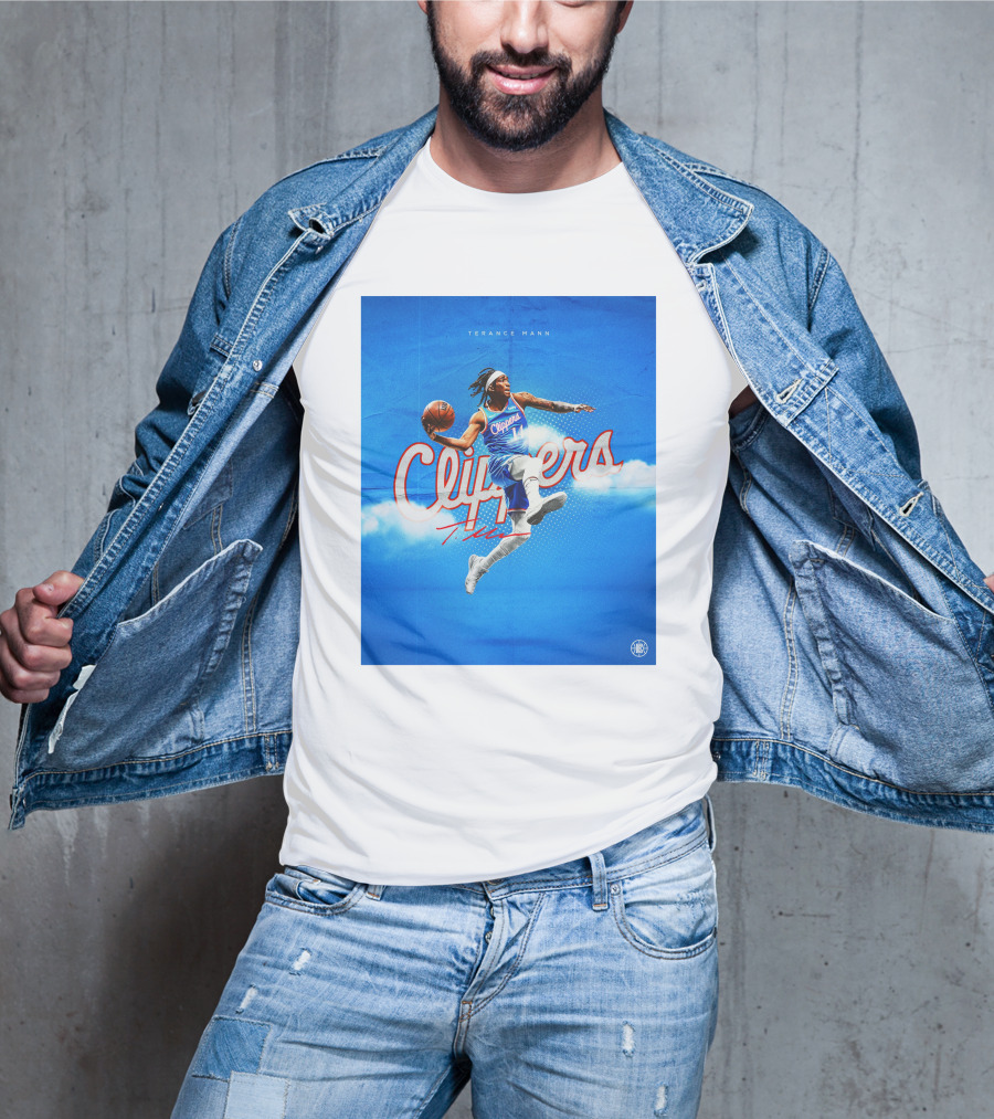 Terance Mann Clippers Basketball Motion Dribble Blue Clouds T-Shirt
