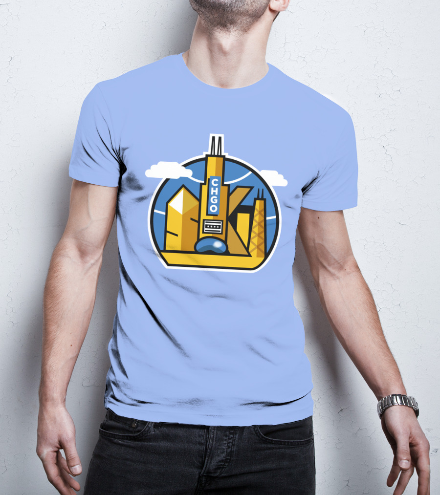 CHGO Skyline Blue Skies Sports Icon With Landmarks T-Shirt